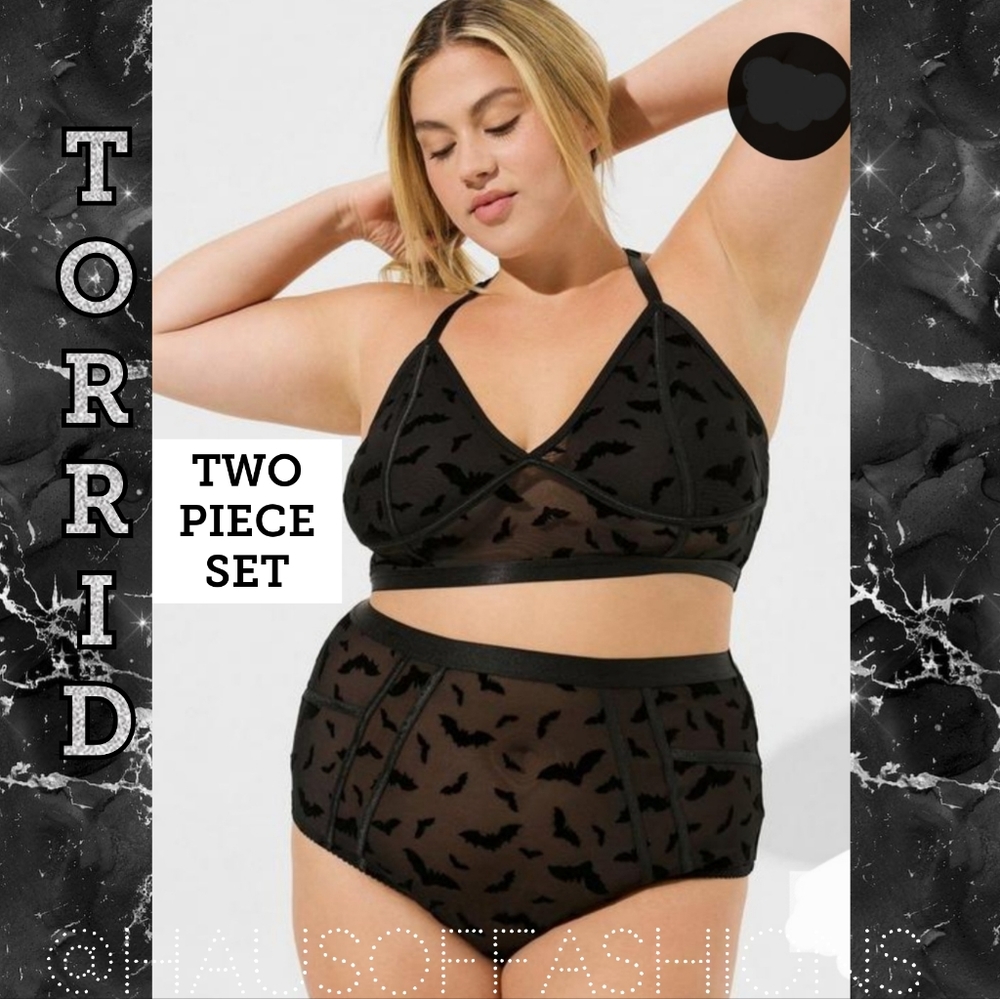 TORRID Stormy Bats Flocked Mesh Bralette + Matching High Waist Panty! NWT!